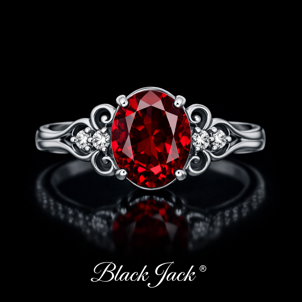 3.20 Carat Oval Cut Ruby & Moissanite Vintage Scroll Engagement Ring in 925 Sterling Silver