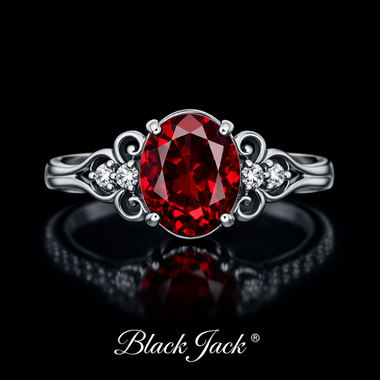 3.20 Carat Oval Cut Ruby & Moissanite Vintage Scroll Engagement Ring in 925 Sterling Silver