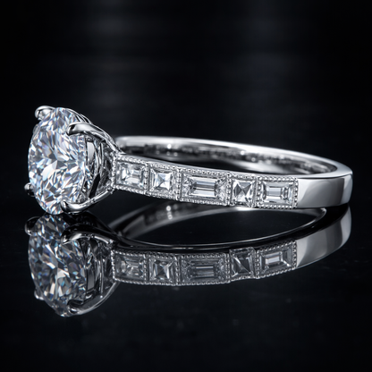 6.20 Ct Round Cut Lab Grown Diamond Engagement Ring with Baguette & Round Side Stones in 14K Gold – IGI Certified