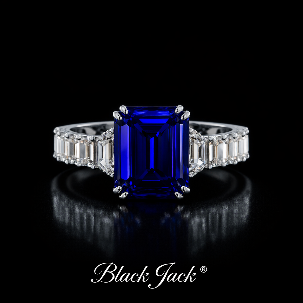 2.10 Carat Total Emerald Cut Royal Blue Lab-Grown Sapphire Ring in 925 Sterling Silver