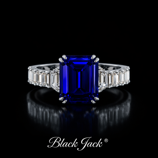 2.10 Carat Total Emerald Cut Royal Blue Lab-Grown Sapphire Ring in 925 Sterling Silver