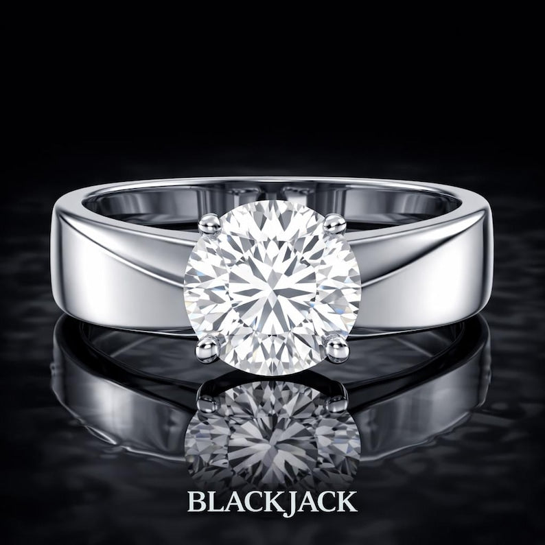 2.50 Carat Round Cut Moissanite Modern Wide Band Solitaire Engagement Ring in 925 Sterling Silver