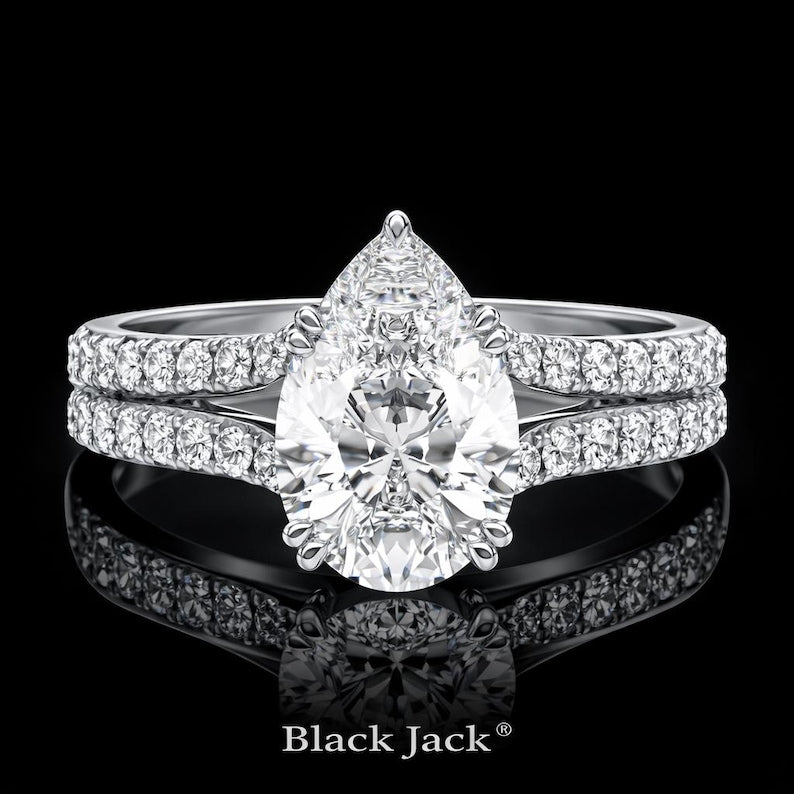 3.50 Carat Pear Cut Moissanite Double Split Pavé Engagement Ring in 925 Sterling Silver