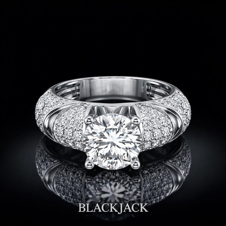 3.20 Carat Round Cut Moissanite Wide Pavé Shoulder Engagement Ring in 925 Sterling Silver