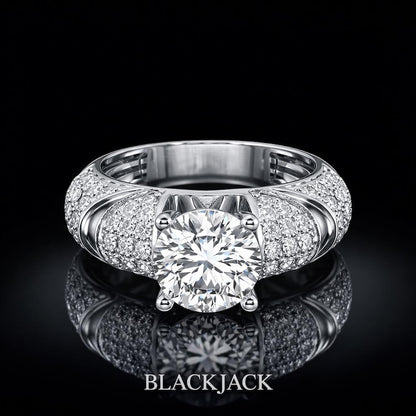 3.20 Carat Round Cut Moissanite Wide Pavé Shoulder Engagement Ring in 925 Sterling Silver