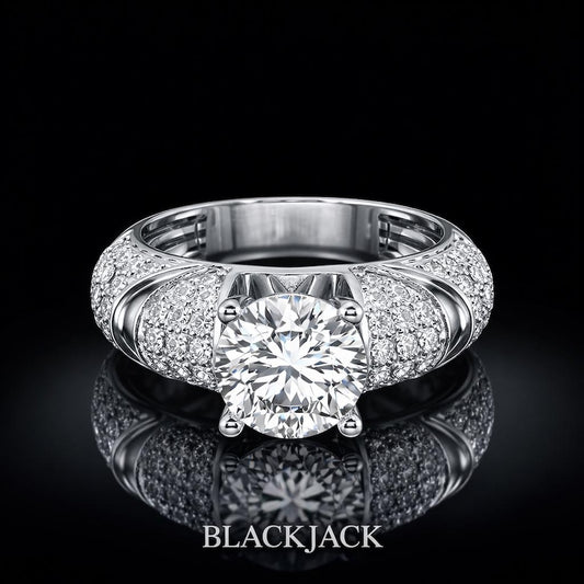 3.20 Carat Round Cut Moissanite Wide Pavé Shoulder Engagement Ring in 925 Sterling Silver