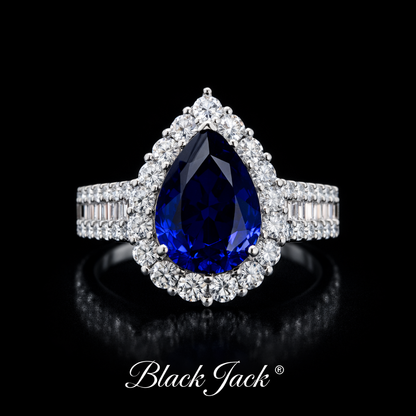 4.20 Carat Total Pear Cut Royal Blue Lab-Grown Sapphire Halo Ring with Moissanite in 925 Sterling Silver