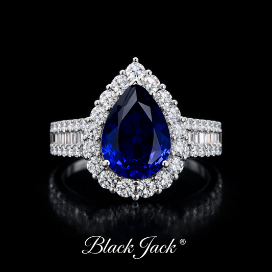 4.20 Carat Total Pear Cut Royal Blue Lab-Grown Sapphire Halo Ring with Moissanite in 925 Sterling Silver