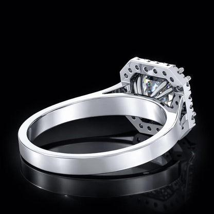 3.00 Carat Emerald Cut Moissanite Geometric Halo Engagement Ring in 925 Sterling Silver