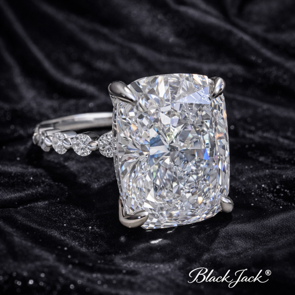 8.40 Carat Lab-Grown Diamond Cushion Three Stone Engagement Ring – Elongated Cushion Cut in 14K White Gold
